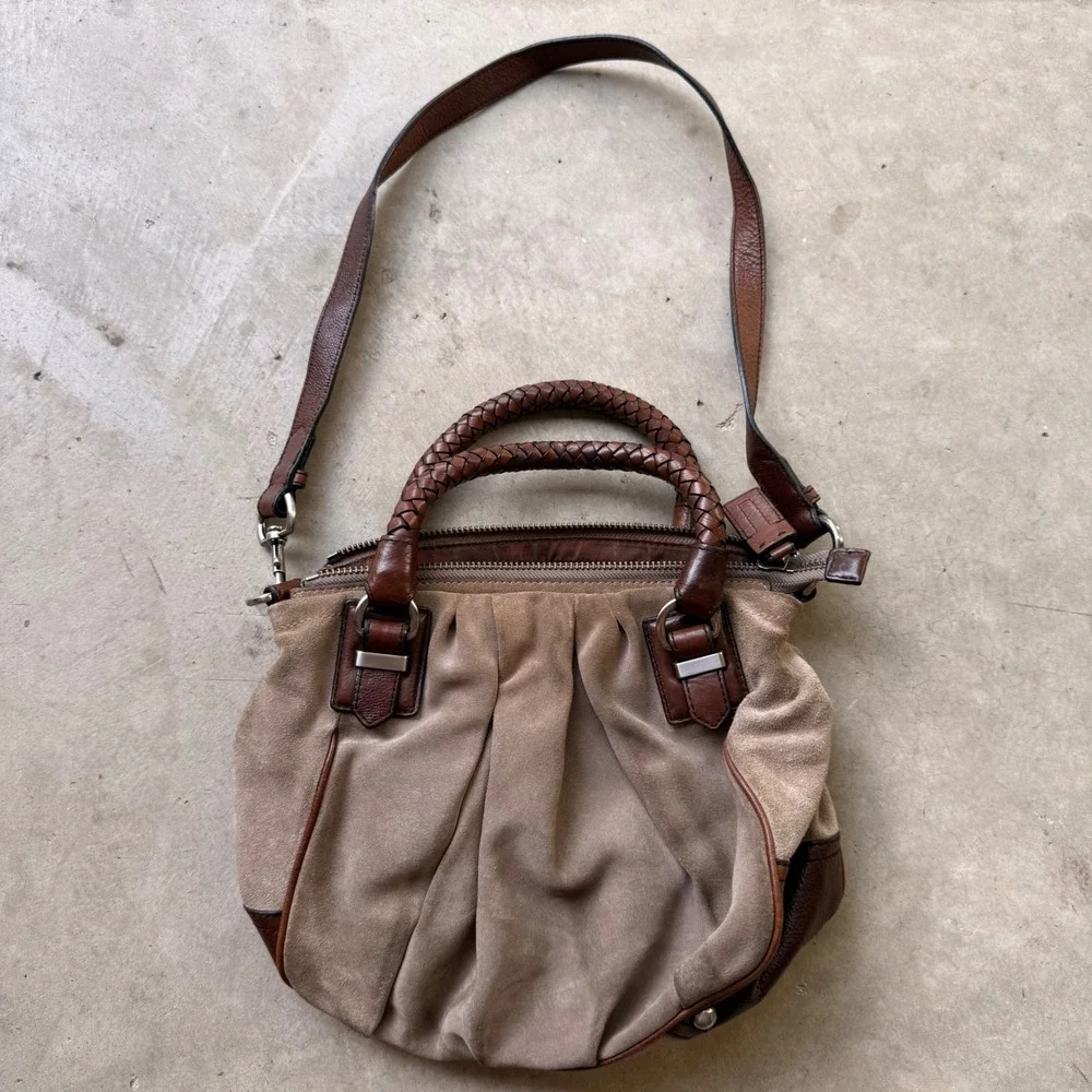 Banana Republic Suede Leather Satchel Bag Braided Handle Tan Brown Crossbody